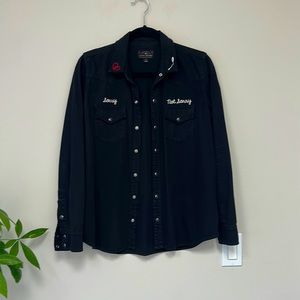 Lucky Brand ‘Sorry Not Sorry’ Black Button Down Western Shirt M